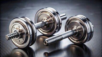 Close up view of a pair of metallic dumbbells, fitness, workout, gym equipment