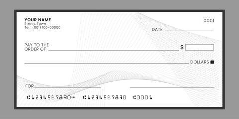 Blank bank check, checkbook cheque template or money payment paper voucher. Business or personal account paycheck coupon. Vector