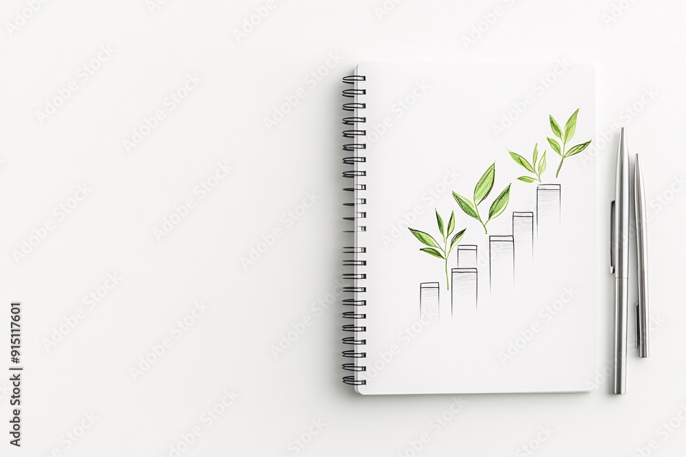 Poster a minimalist image of an open notebook with a sketch of a diversified investment portfolio, where pr