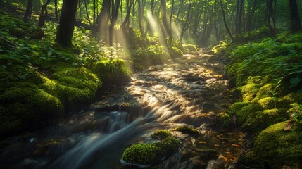Obraz premium Sunbeams filter through dense forest canopy illuminating a small stream flowing over mossy rocks in the morning.
