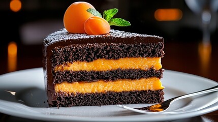 Decadent chocolate cake layered with creamy orange filling, garnished with fresh mint and apricot, perfect for dessert lovers.