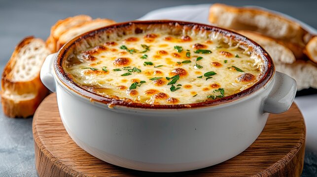 Delicious baked cheese dish served in a white bowl, garnished with herbs and accompanied by crispy bread slices.