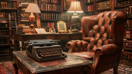 Illustration of "A vintage-inspired workspace with antique furniture and typewriters, illustrated with a nostalgic background of an old-fashioned library filled with leather-bound books." Ai Generate.