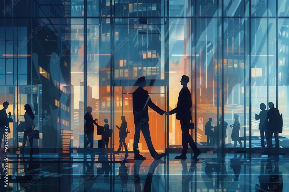 Aufkleber two business people shake hands in front of a contemporary office building as the evening lights cre