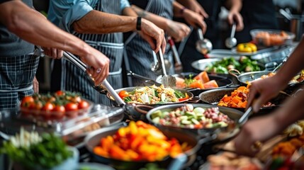 Obraz premium Business team cook-off, preparing dishes, creativity, teamwork.
