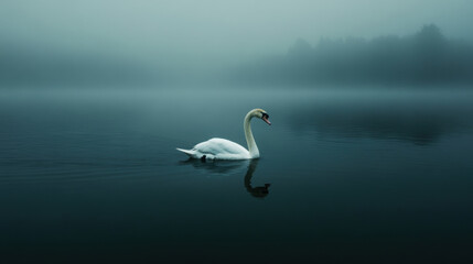 Swan on a Misty Lake at Dusk.