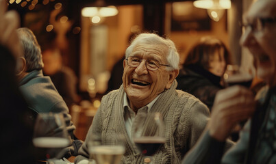 Elderly friends laughing at the table in an elegant restaurant, enjoying wine and good conversation during their golden years