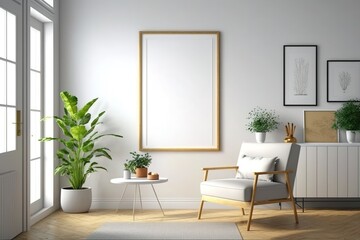 Modern living room with armchair, plants and empty frame.