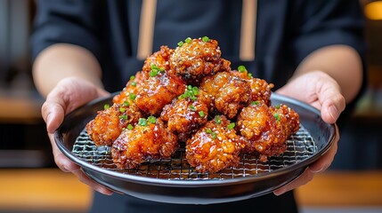 Delicious crispy fried chicken garnished with green onions served on a black plate, highlighting perfect textures and colors.