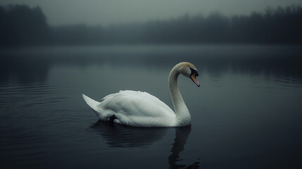 Obraz premium Swan on a Misty Lake at Dusk.