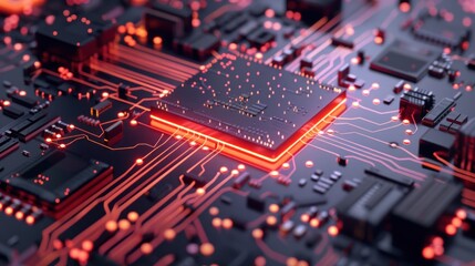 Circuit Board with Glowing Red Lines