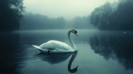 Fototapeta premium Swan on a Misty Lake at Dusk.