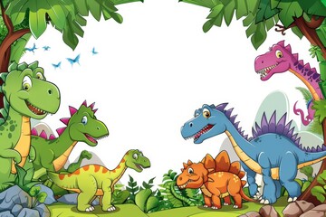 Five Cartoon Dinosaurs in a Lush Green Jungle Setting