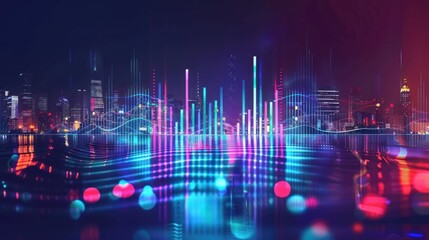 Neon Skyline with Digital Audio Waves