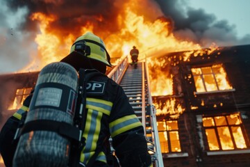 A brave firefighter ascends a ladder towards a burning building in the heat of the moment, showcasing valor, dedication, and the dire challenges faced during fires.