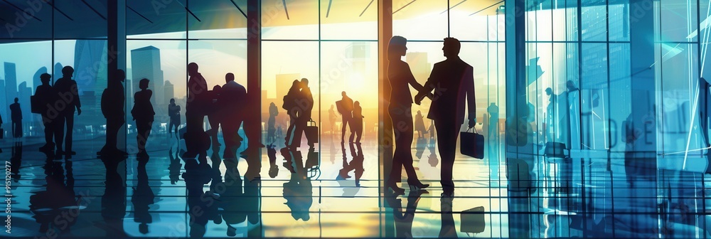 Poster two business professionals shake hands in front of a contemporary office building while silhouettes 