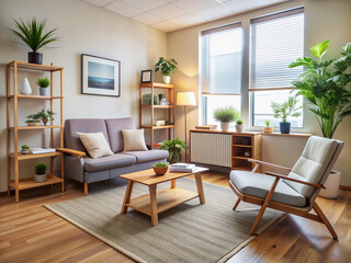 Fototapeta premium A serene and organized therapist's office awaits a patient, with a calm and attentive professional seated, conveying a sense of trust and mental wellness support.
