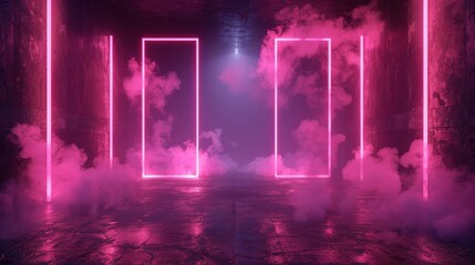 Futuristic Neon Pink Lights in Smoky Room.
