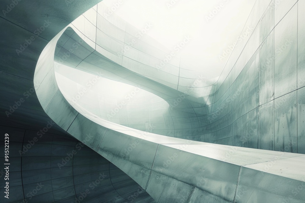 Poster a futuristic building with a unique design and a blue sky behind, suitable for use in architecture o
