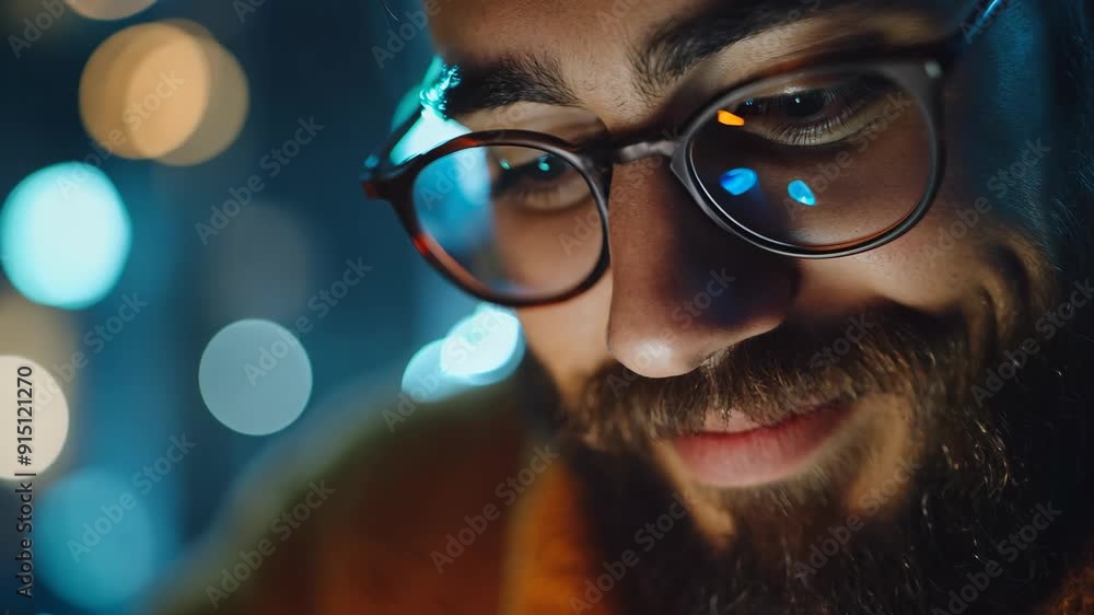 Poster man smiling while using smartphone at night with colorful lights in background