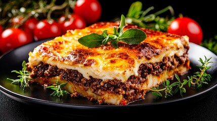 Deliciously baked lasagna with layers of meat, cheese, and herbs, served on a black plate with fresh tomatoes.