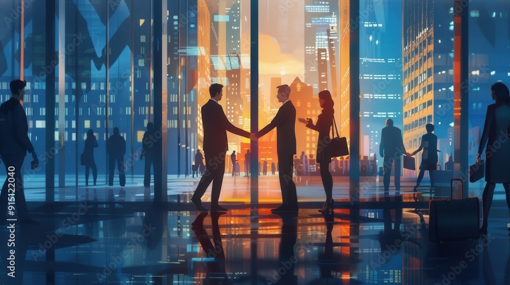 Poster two business people are shaking hands in front of a sleek office building during the evening, surrou