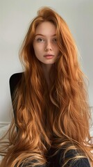 Naklejka premium A woman with long red hair sits on a bed