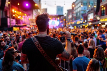 A man holding a microphone and singing to a lively crowd at a street festival, surrounded by bright lights and city buildings, creating an energetic atmosphere.