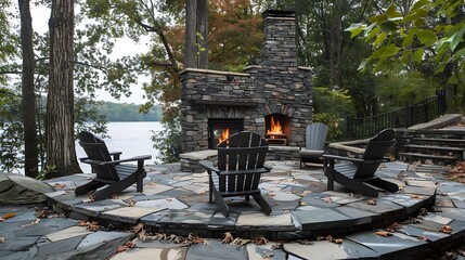 Outdoor flagstone platform with fireplace chairs