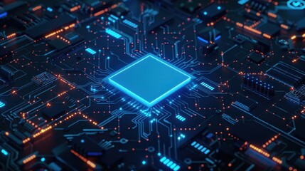 Glowing Circuit Board with a Central Processor
