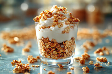 An aesthetically pleasing image of a clear glass filled with layered yogurt and granola,
