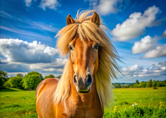 Obraz premium Adorable brown horse with a fluffy mane and curious expression poses in a lush green meadow with warm sunlight casting a gentle glow.