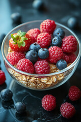 Minimalist depiction of a clear glass jar filled with overnight oats and a few scattered berries,