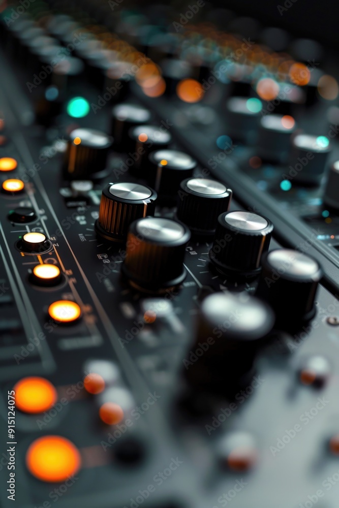 Poster a detailed view of a sound board with numerous knobs and controls, perfect for use in music or audio