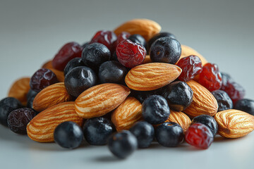 Artistic rendering of a handful of almonds and dried berries on a simple, white surface,