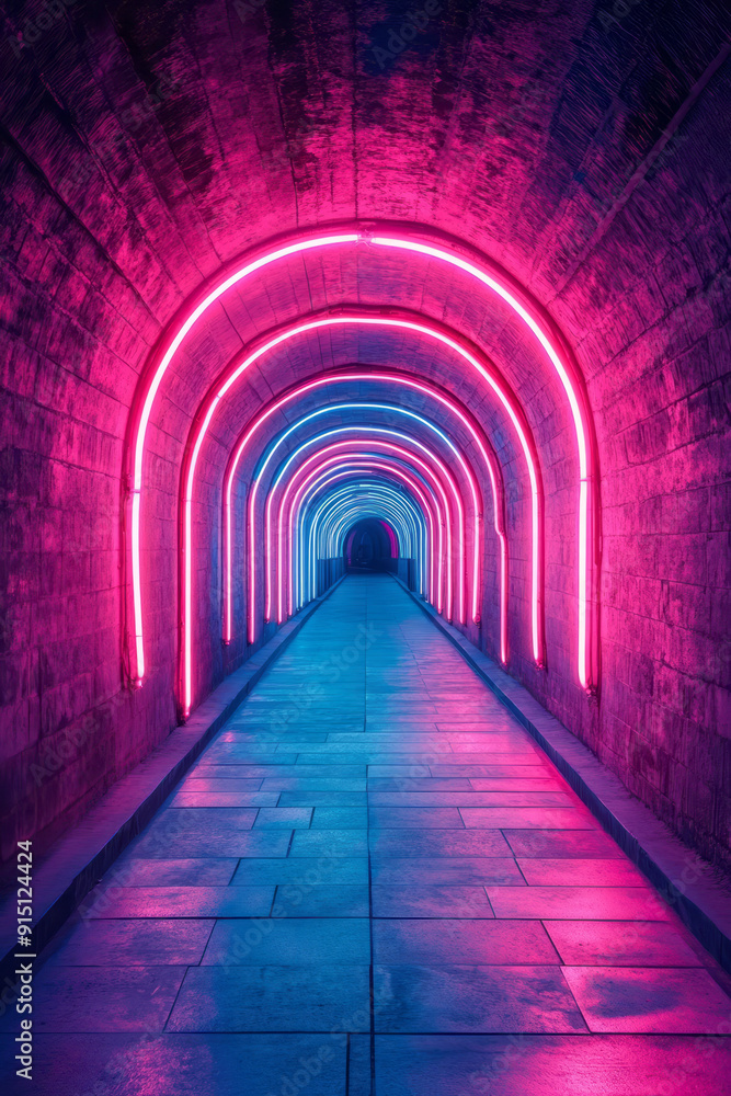 Poster a neon-lit bridge made of intersecting geometric patterns, symbolizing a digital journey,