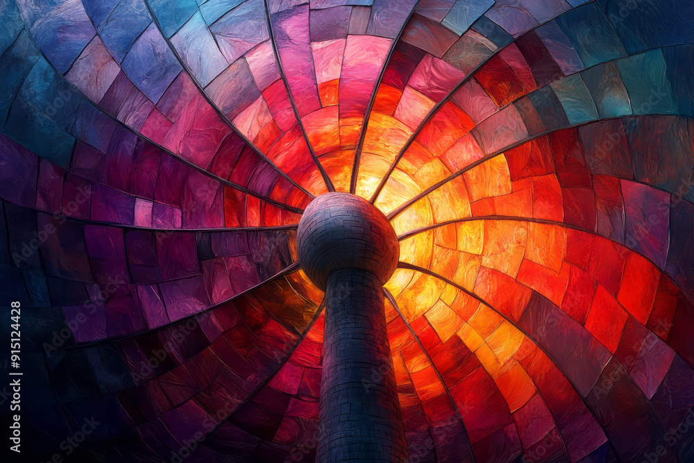 Poster an artistic rendering of a windmill with blades made of swirling, abstract patterns in vibrant color