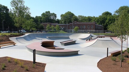 Skatepark with Concrete Ramps and Benches