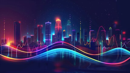 Neon Cityscape with Wavy Lines