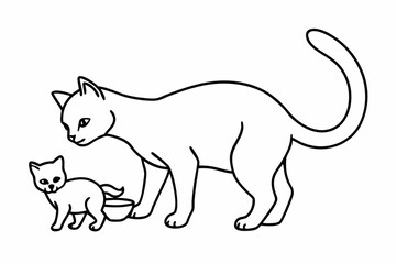 A Cat mother feeding kittens line art vector