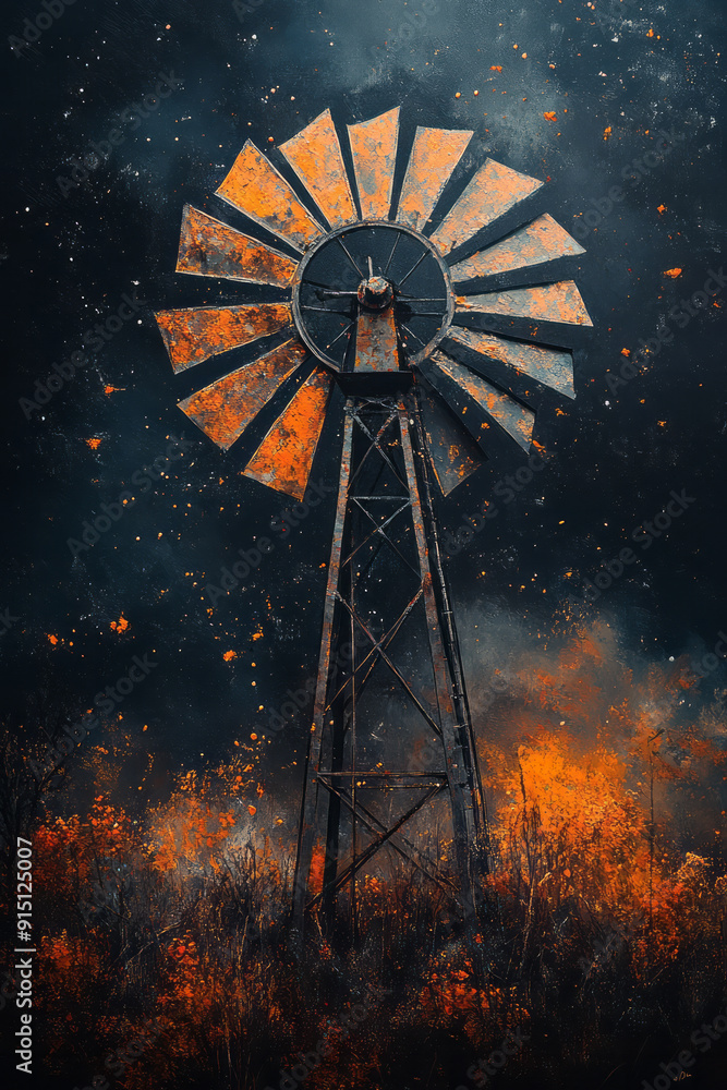 Poster abstract art featuring a windmill with blades that appear to be dissolving into the surrounding spac