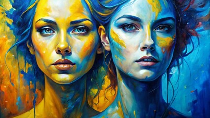 Sun and Sea A Study in Contrasting Hues - Oil Painting - Two Women's Faces, One Yellow, One Blue - Abstract, Surrealism, Portrait, Color Study, Female