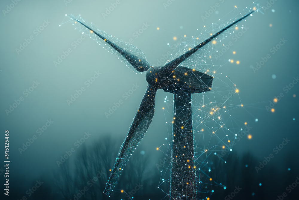 Poster a minimalist image of a windmill with blades formed by intersecting lines and dots, set against a ne