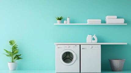 Minimalist Laundry Room with White Appliances on Turquoise Background