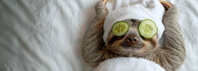 sloth lying on white sheet, covered with white towel with white turban on its head and cucumber slices over eyes, banner with copy space. wellness retreats advertising, spa and beauty salon promotion.
