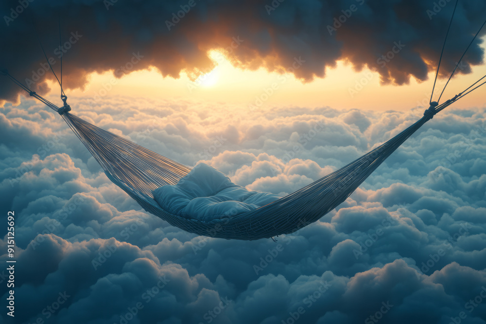 Poster a dreamlike scene of a hammock suspended between clouds, with a figure resting in complete tranquili
