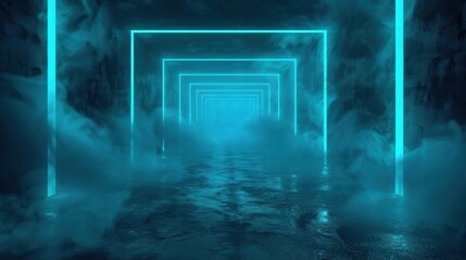 Obraz premium Turquoise Neon Lights in Foggy Room.