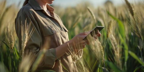 A woman is standing in a field of tall grass, looking at her cell phone. Concept of solitude and disconnection from nature
