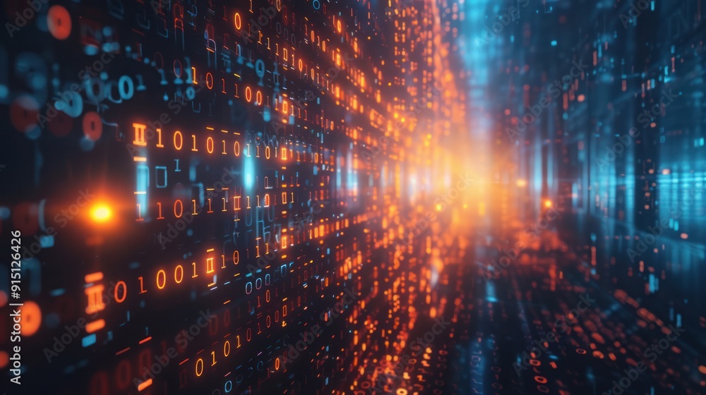 Poster abstract representation of data streams with red and blue light effects, highlighting futuristic and