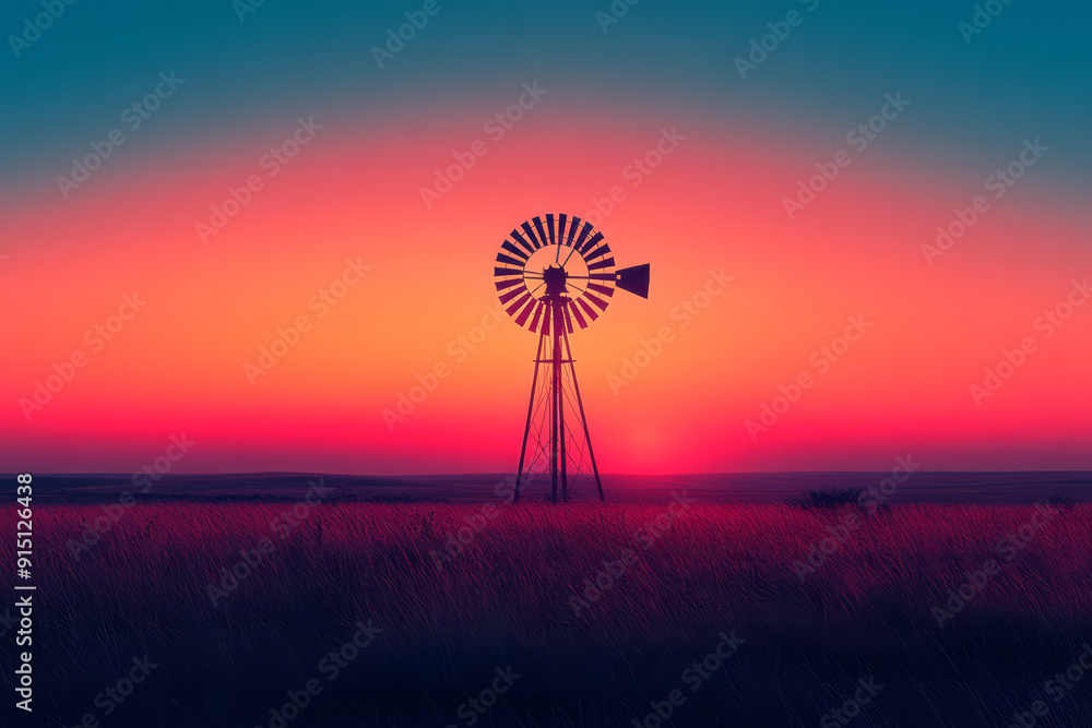 Poster minimalist image of a windmill with blades as simple, stylized arcs, set against a gradient backgrou